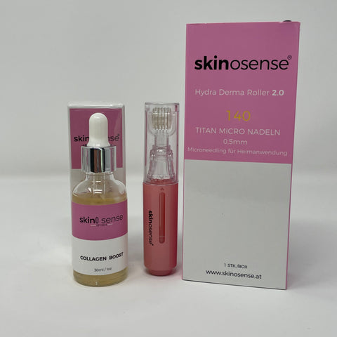 Skinosense 1er-Set,Hydra Derma Roller 2.0, mit 30ml Collagen Booster, 0,5 mm Mikronadeln, 10 ml Serumbehälter, auswechselbarer Rollerkopf, Drucktastentechnik,